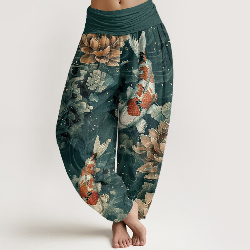 Nimara Ritual Cotton Colorful Koi Fish Lotus Flowers Design Women's Elastic Waist Harem Pants