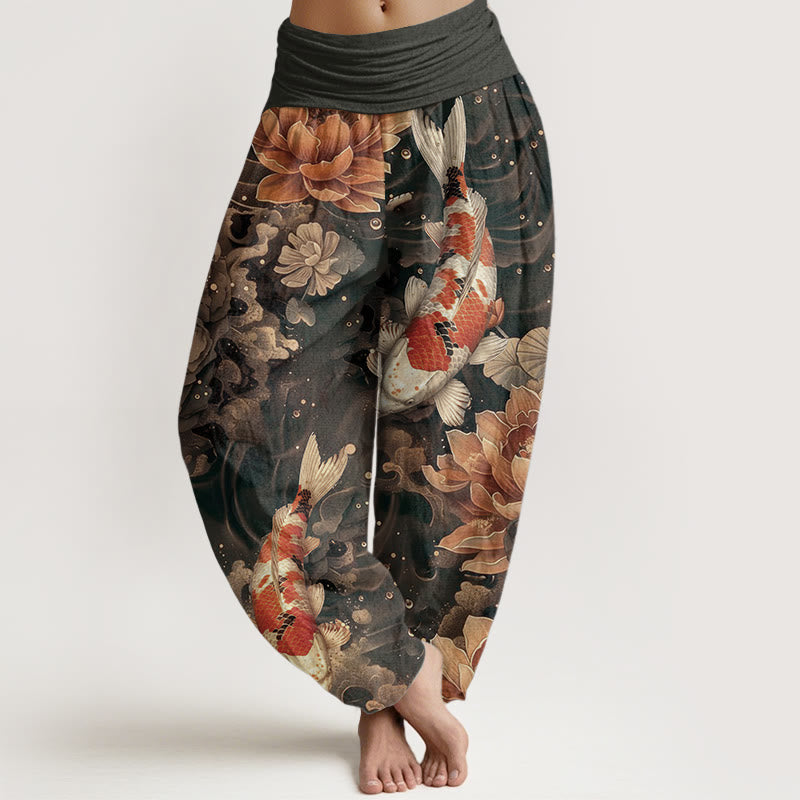 Nimara Ritual Cotton Colorful Koi Fish Lotus Flowers Design Women's Elastic Waist Harem Pants
