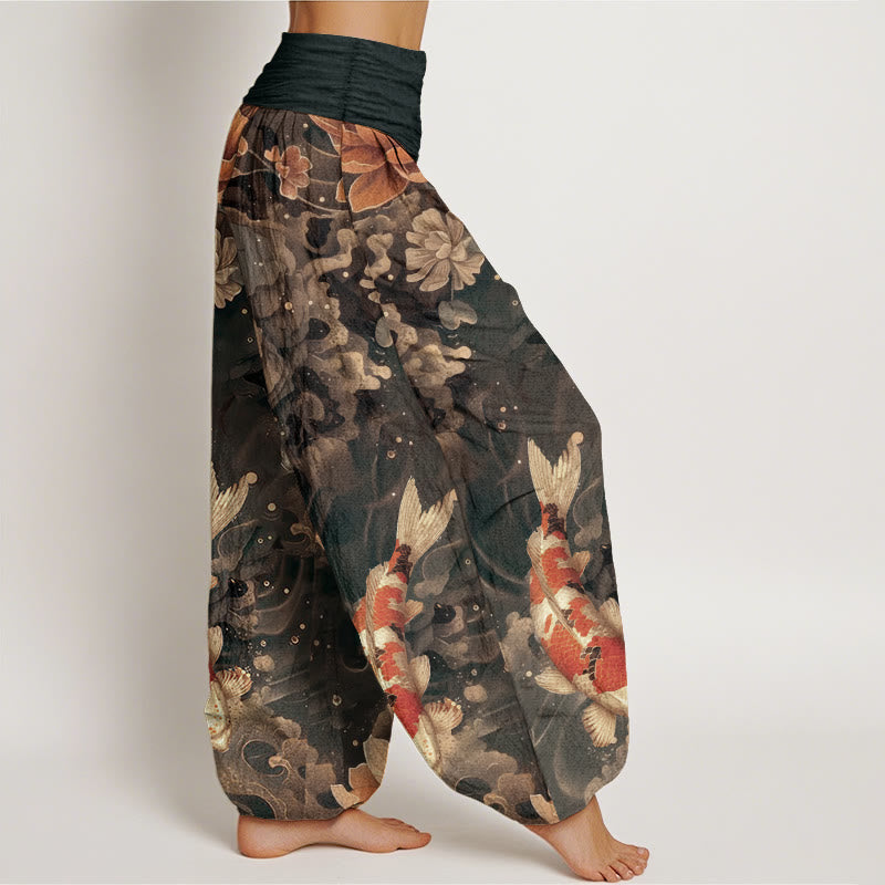 Nimara Ritual Cotton Colorful Koi Fish Lotus Flowers Design Women's Elastic Waist Harem Pants