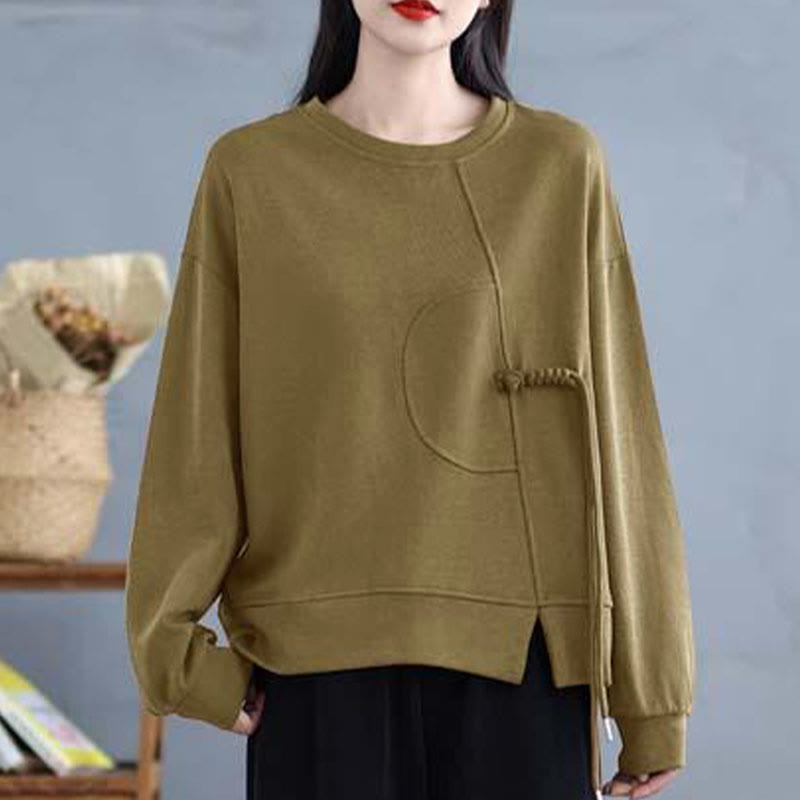 Nimara Ritual Plain Frog-button Design Crew Neck Cotton Women's Long Sleeve Sweatshirt