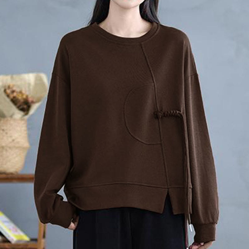 Nimara Ritual Plain Frog-button Design Crew Neck Cotton Women's Long Sleeve Sweatshirt