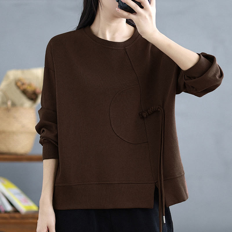 Nimara Ritual Plain Frog-button Design Crew Neck Cotton Women's Long Sleeve Sweatshirt