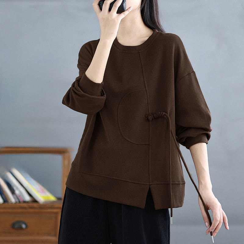 Nimara Ritual Plain Frog-button Design Crew Neck Cotton Women's Long Sleeve Sweatshirt