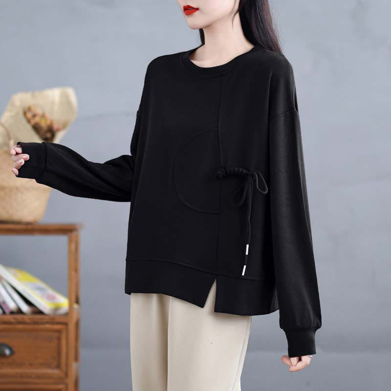 Nimara Ritual Plain Frog-button Design Crew Neck Cotton Women's Long Sleeve Sweatshirt