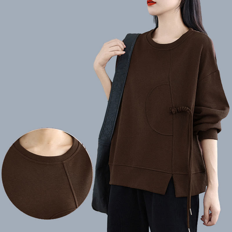 Nimara Ritual Plain Frog-button Design Crew Neck Cotton Women's Long Sleeve Sweatshirt