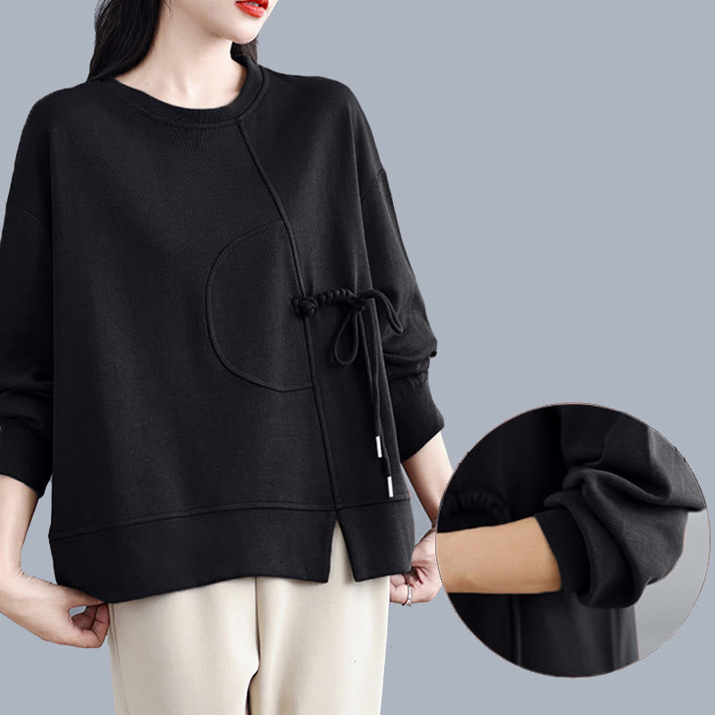 Nimara Ritual Plain Frog-button Design Crew Neck Cotton Women's Long Sleeve Sweatshirt
