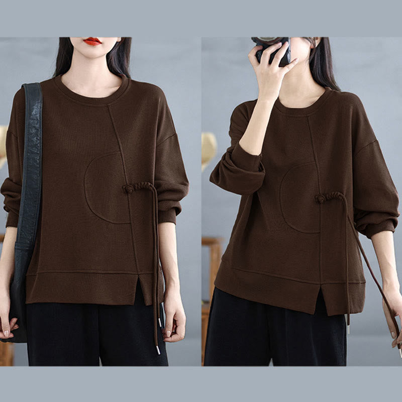 Nimara Ritual Plain Frog-button Design Crew Neck Cotton Women's Long Sleeve Sweatshirt