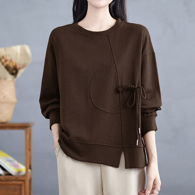 Nimara Ritual Plain Frog-button Design Crew Neck Cotton Women's Long Sleeve Sweatshirt