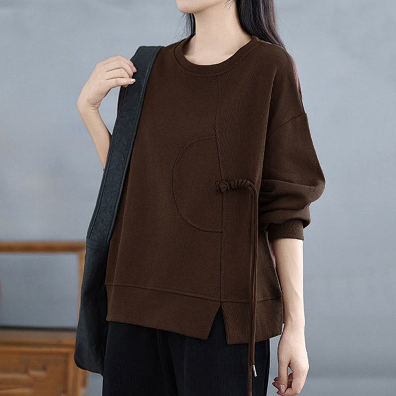 Nimara Ritual Plain Frog-button Design Crew Neck Cotton Women's Long Sleeve Sweatshirt