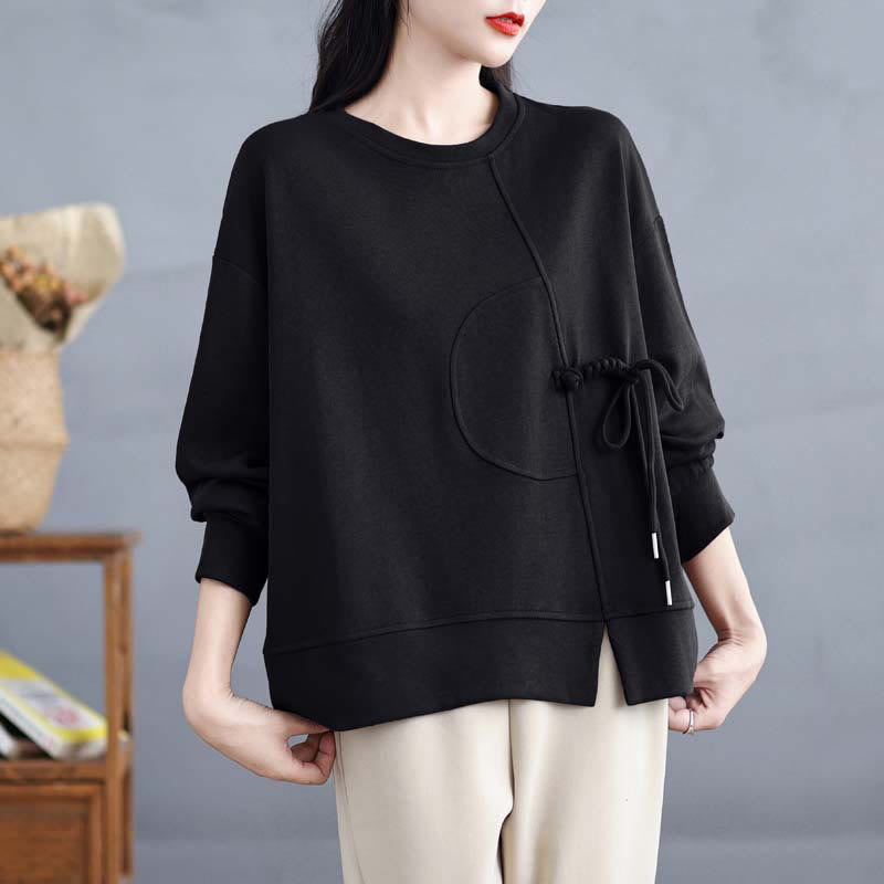 Nimara Ritual Plain Frog-button Design Crew Neck Cotton Women's Long Sleeve Sweatshirt
