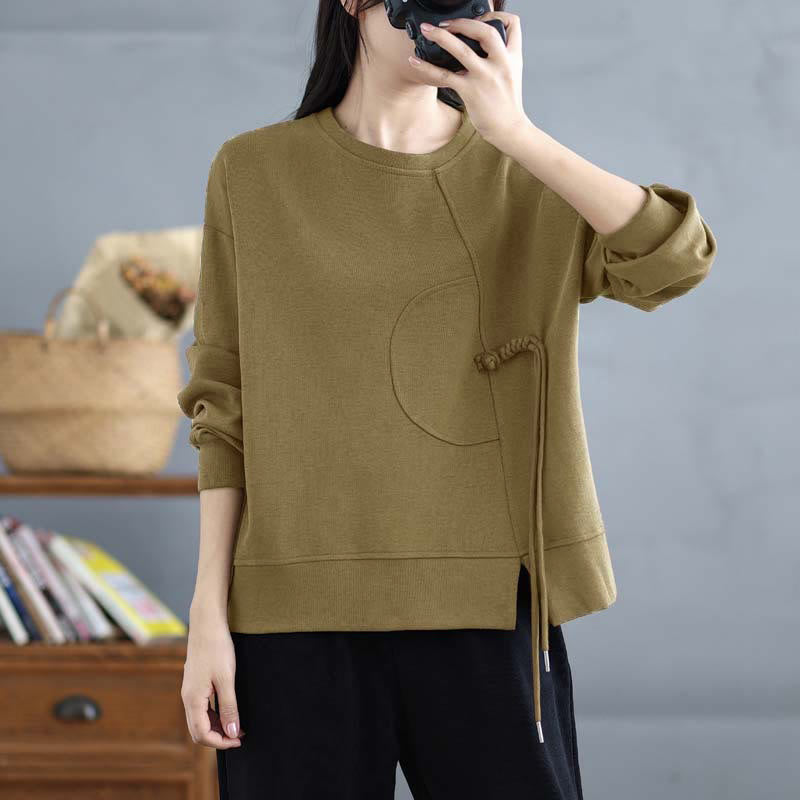 Nimara Ritual Plain Frog-button Design Crew Neck Cotton Women's Long Sleeve Sweatshirt