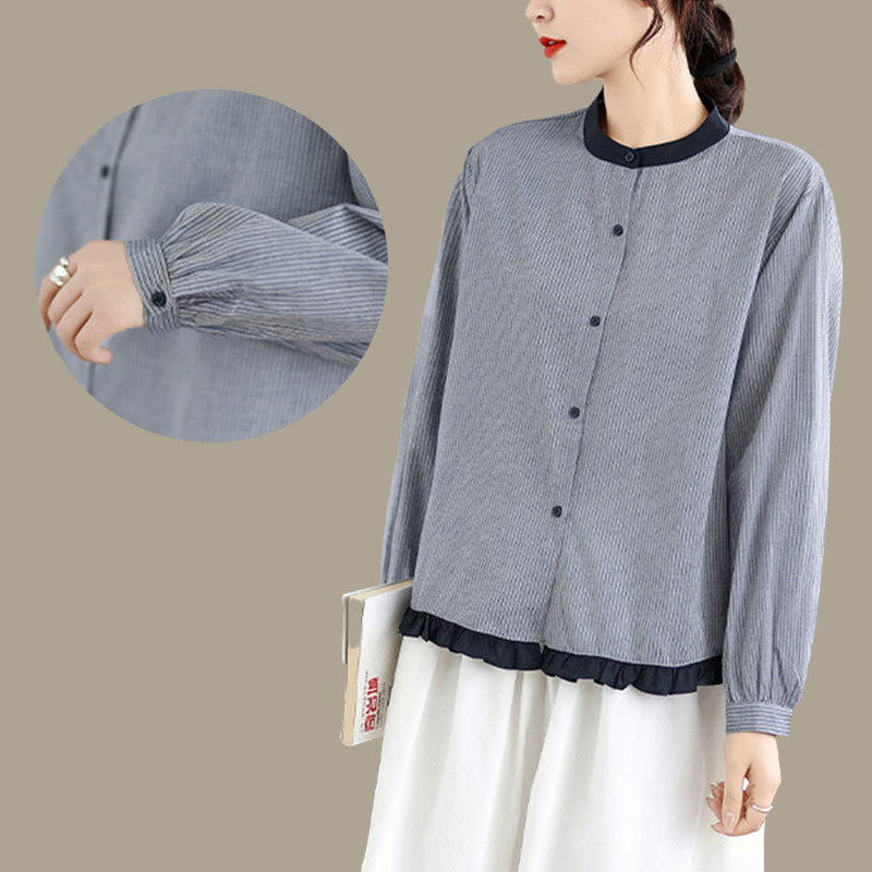 Nimara Ritual Fall Plaid Striped Pattern Ruffled Hem Buttons Women's Cotton Long Sleeve Shirt