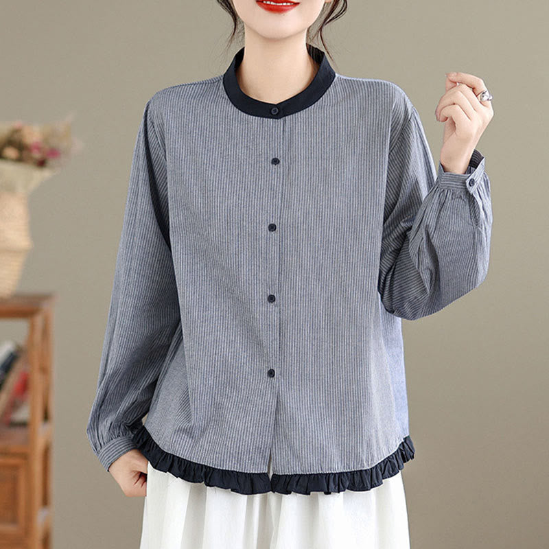 Nimara Ritual Fall Plaid Striped Pattern Ruffled Hem Buttons Women's Cotton Long Sleeve Shirt
