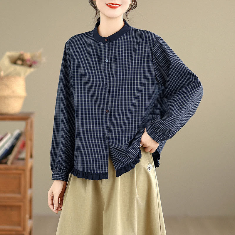 Nimara Ritual Fall Plaid Striped Pattern Ruffled Hem Buttons Women's Cotton Long Sleeve Shirt