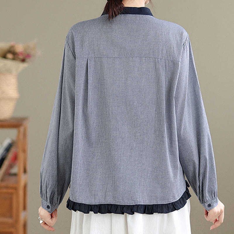 Nimara Ritual Fall Plaid Striped Pattern Ruffled Hem Buttons Women's Cotton Long Sleeve Shirt