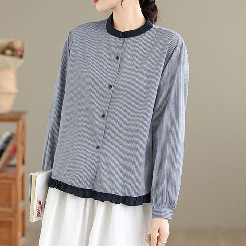 Nimara Ritual Fall Plaid Striped Pattern Ruffled Hem Buttons Women's Cotton Long Sleeve Shirt
