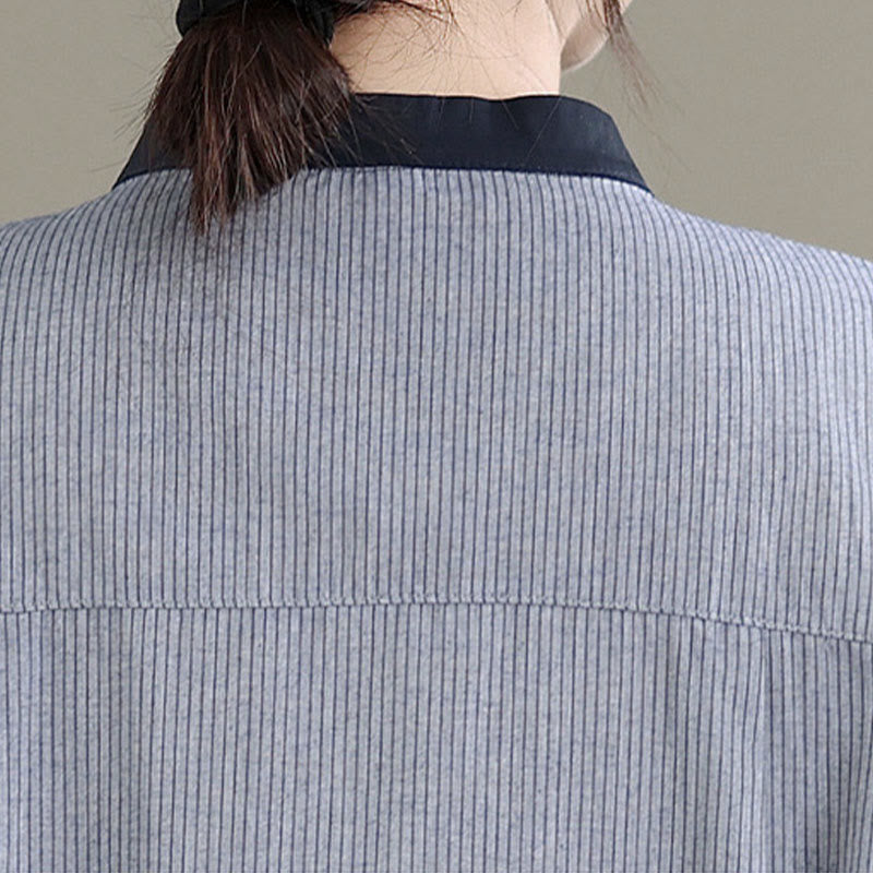 Nimara Ritual Fall Plaid Striped Pattern Ruffled Hem Buttons Women's Cotton Long Sleeve Shirt