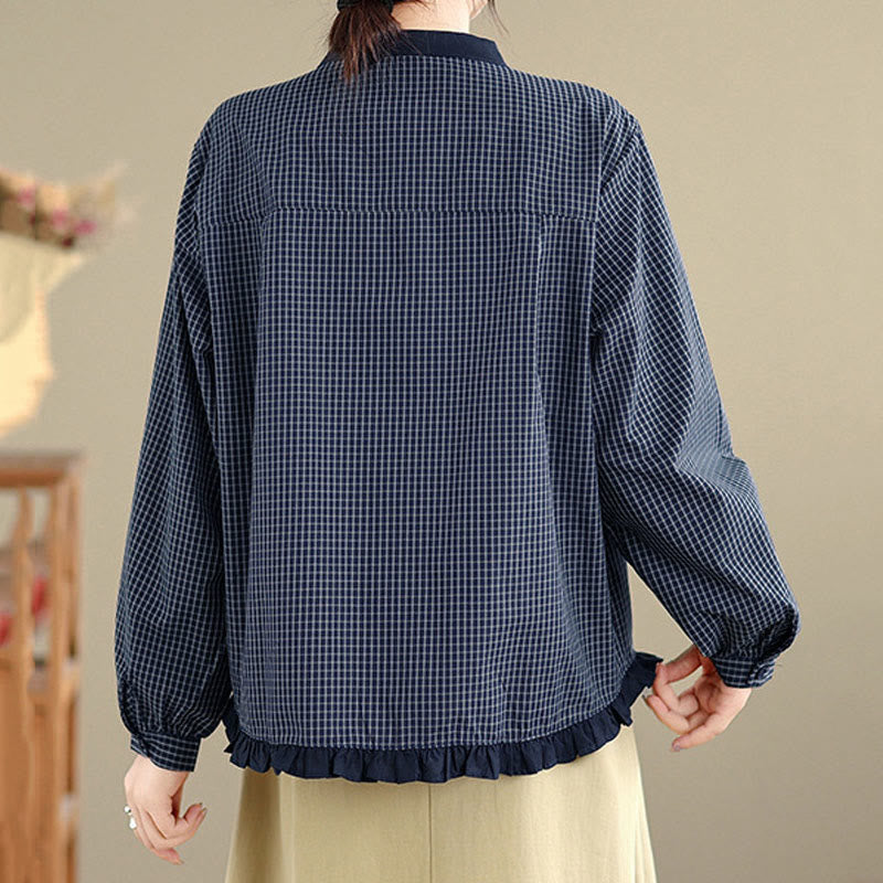 Nimara Ritual Fall Plaid Striped Pattern Ruffled Hem Buttons Women's Cotton Long Sleeve Shirt