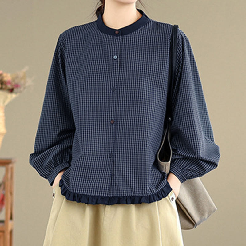 Nimara Ritual Fall Plaid Striped Pattern Ruffled Hem Buttons Women's Cotton Long Sleeve Shirt