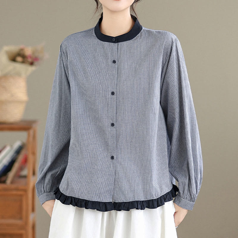 Nimara Ritual Fall Plaid Striped Pattern Ruffled Hem Buttons Women's Cotton Long Sleeve Shirt
