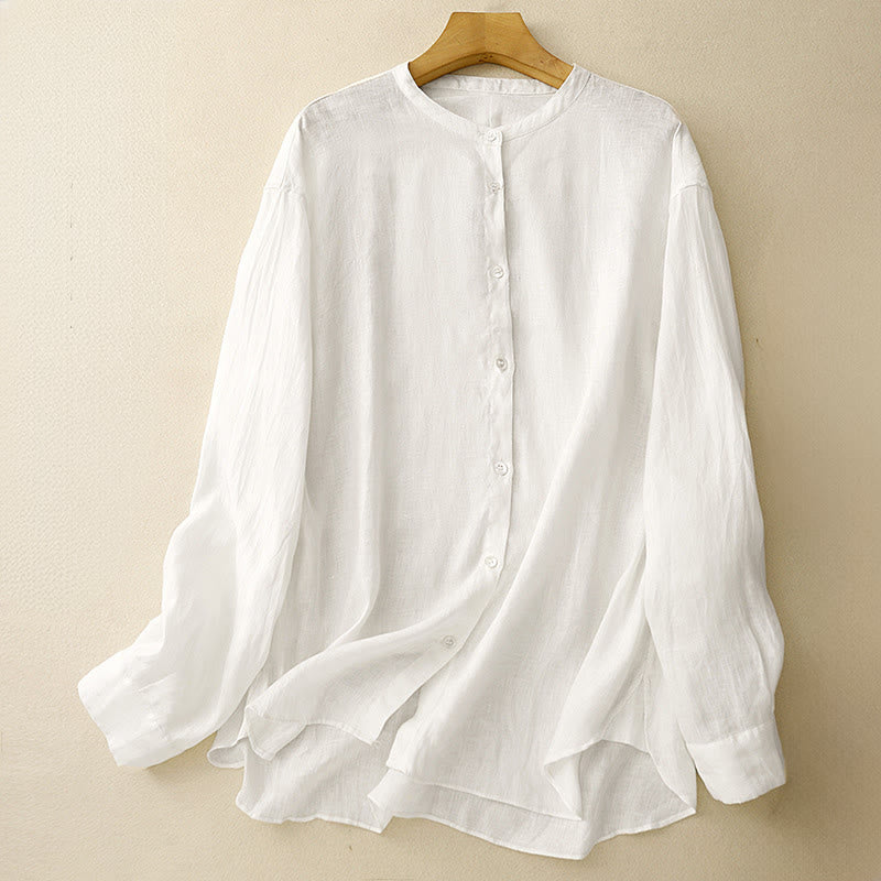 Nimara Ritual Solid Color Crew Neck Buttons Design Women's Cotton Long Sleeve Shirt