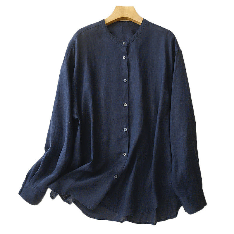 Nimara Ritual Solid Color Crew Neck Buttons Design Women's Cotton Long Sleeve Shirt