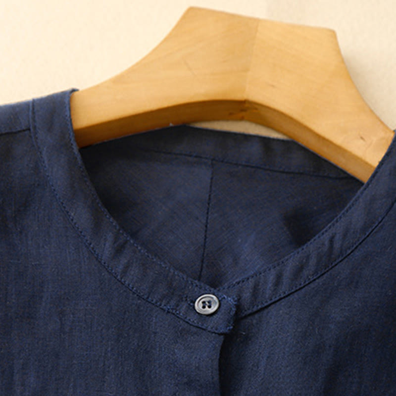 Nimara Ritual Solid Color Crew Neck Buttons Design Women's Cotton Long Sleeve Shirt