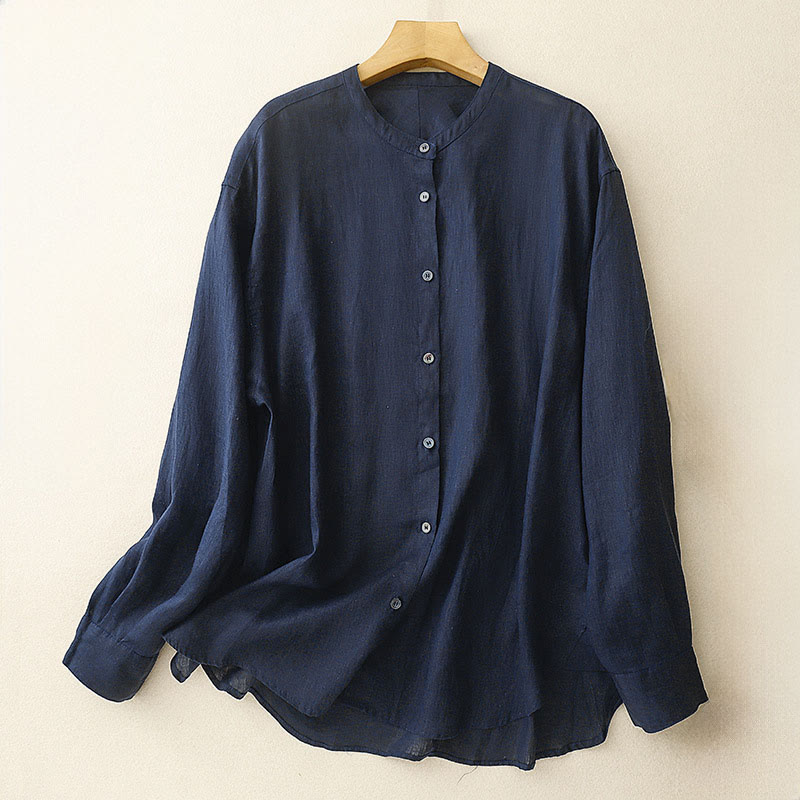Nimara Ritual Solid Color Crew Neck Buttons Design Women's Cotton Long Sleeve Shirt