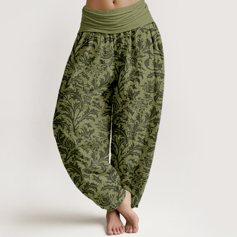 Nimara Ritual Cotton Flowers Buds Serrated Leaves Pattern Women's Elastic Waist Harem Pants