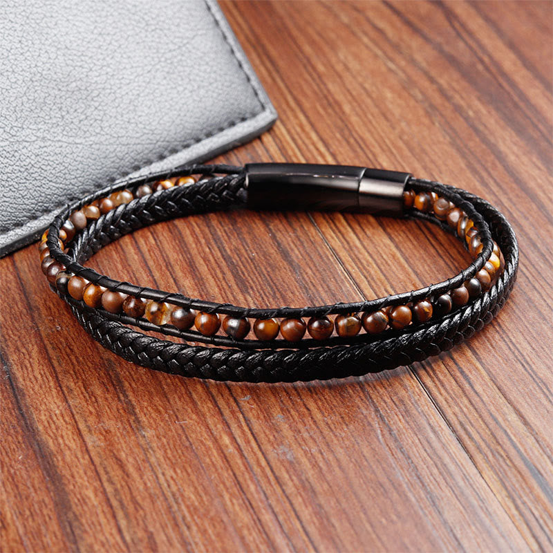 Nimara Ritual Tiger Eye Titanium Steel Protection Strengthen Leather Bracelet