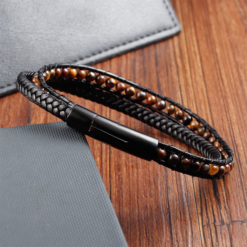 Nimara Ritual Tiger Eye Titanium Steel Protection Strengthen Leather Bracelet
