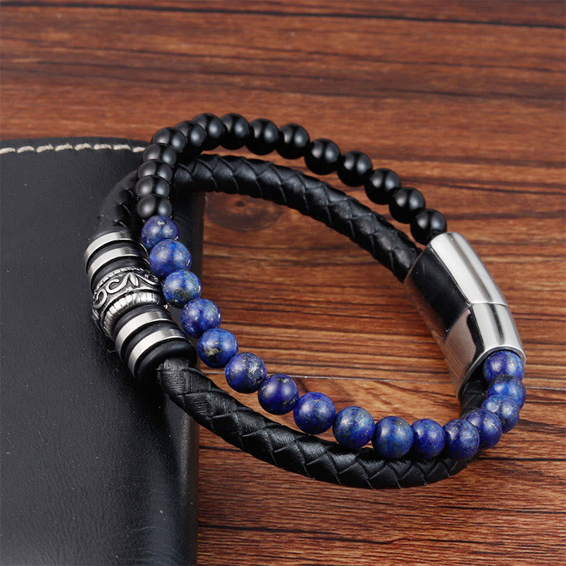 Nimara Ritual Black Onyx Lazurite Lapis Lazuli Titanium Steel Fortune Calm Leather Bracelet