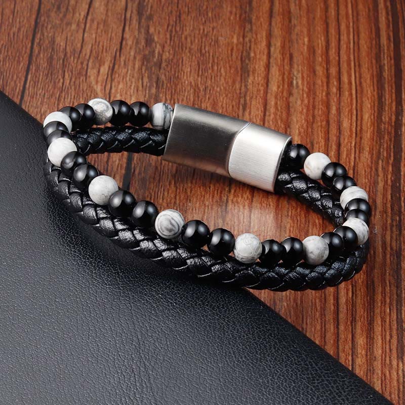 Nimara Ritual Black Onyx Grey Jasper Titanium Steel Stability Leather Bracelet
