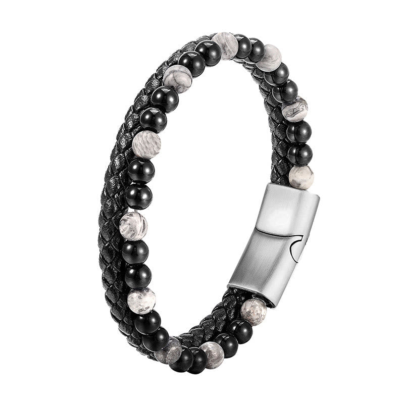 Nimara Ritual Black Onyx Grey Jasper Titanium Steel Stability Leather Bracelet