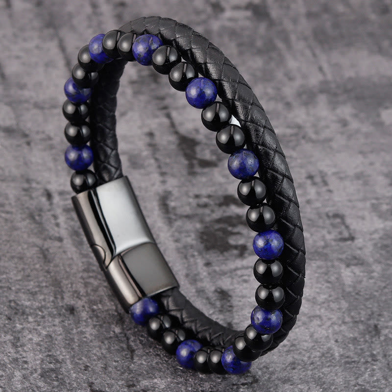 Nimara Ritual Black Onyx Lazurite Lapis Lazuli Titanium Steel Positive Self Care Leather Bracelet