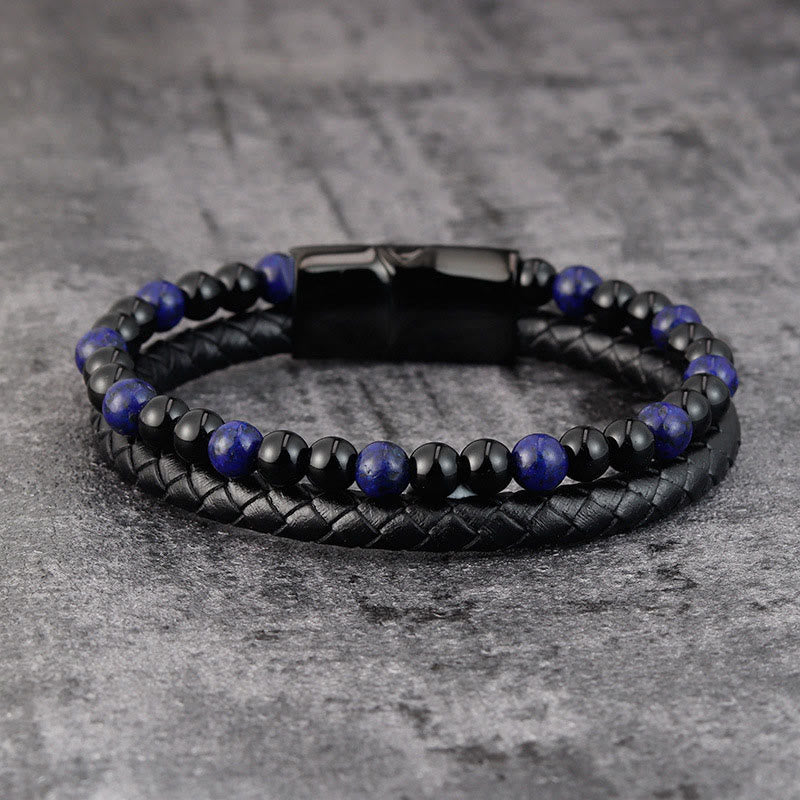 Nimara Ritual Black Onyx Lazurite Lapis Lazuli Titanium Steel Positive Self Care Leather Bracelet