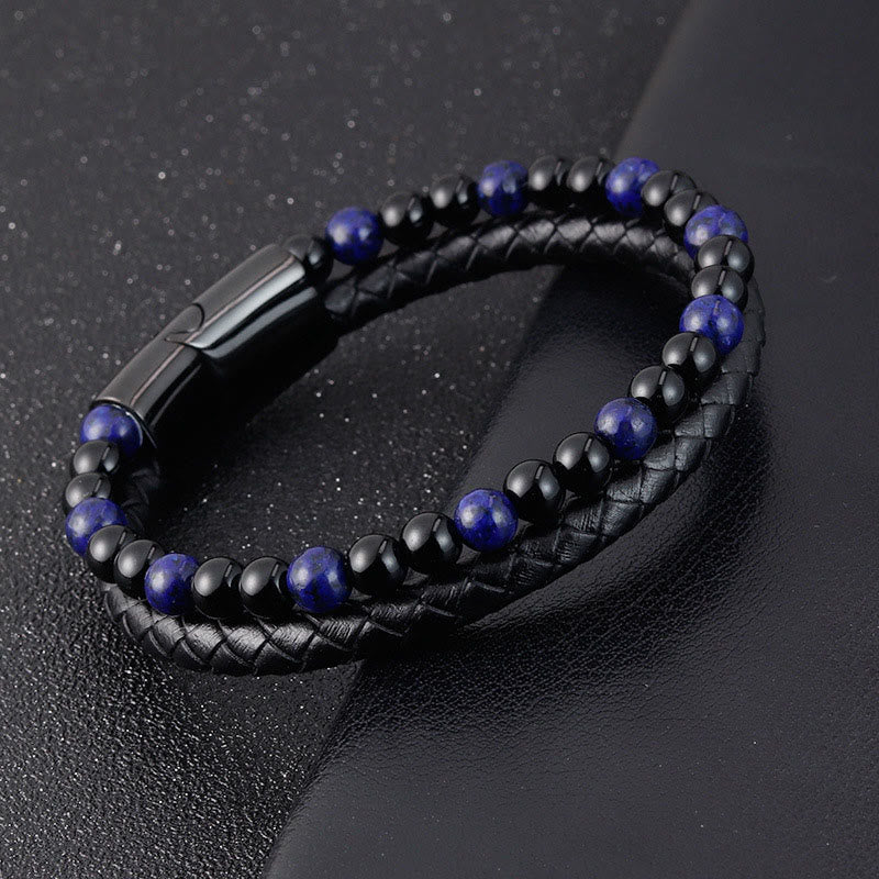 Nimara Ritual Black Onyx Lazurite Lapis Lazuli Titanium Steel Positive Self Care Leather Bracelet