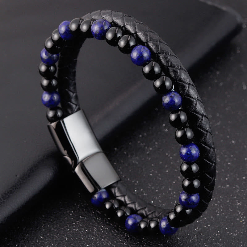 Nimara Ritual Black Onyx Lazurite Lapis Lazuli Titanium Steel Positive Self Care Leather Bracelet