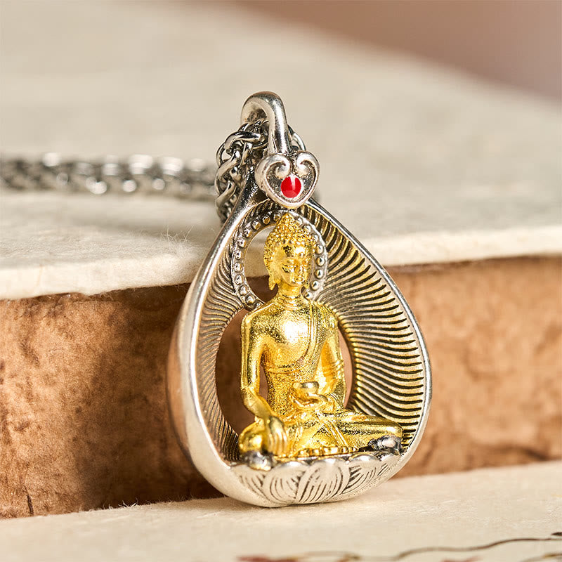 Nimara Ritual Green Tara Shakyamuni Buddha Copper Plated Silver Curb Chain Luck Pendant Necklace