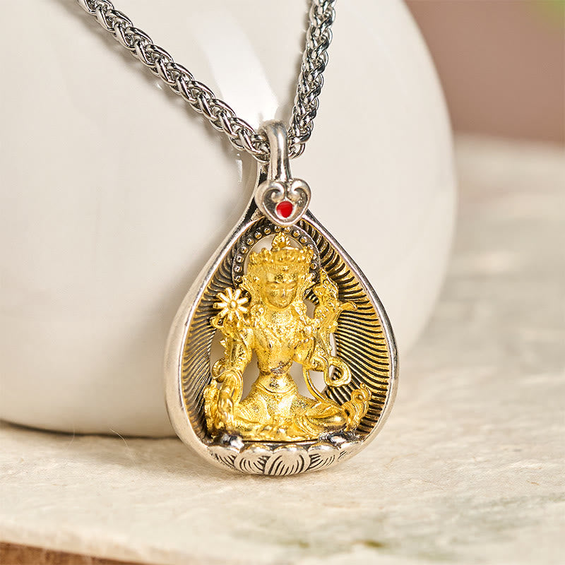 Nimara Ritual Green Tara Shakyamuni Buddha Copper Plated Silver Curb Chain Luck Pendant Necklace