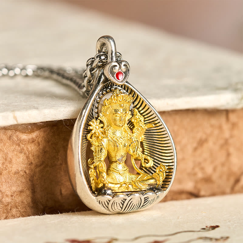 Nimara Ritual Green Tara Shakyamuni Buddha Copper Plated Silver Curb Chain Luck Pendant Necklace
