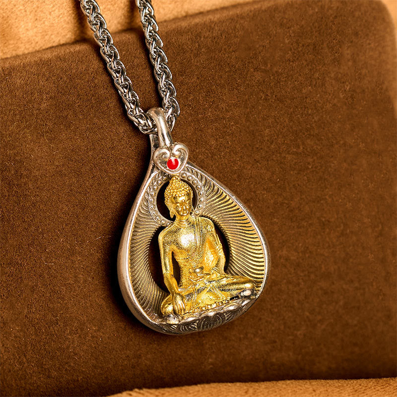 Nimara Ritual Green Tara Shakyamuni Buddha Copper Plated Silver Curb Chain Luck Pendant Necklace
