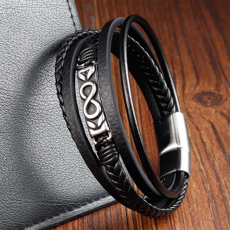 Nimara Ritual Titanium Steel Balance Multi-Layered Leather Figure-Eight Bracelet