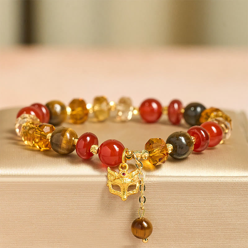 Nimara Ritual Red Agate Tiger Eye Fox Charm Calm Beaded Bracelet