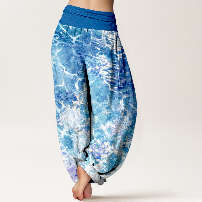 Nimara Ritual Cotton Lively Ocean Seashells Coral Pattern Women's Elastic Waist Harem Pants