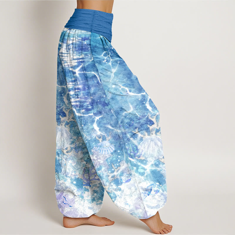 Nimara Ritual Cotton Lively Ocean Seashells Coral Pattern Women's Elastic Waist Harem Pants