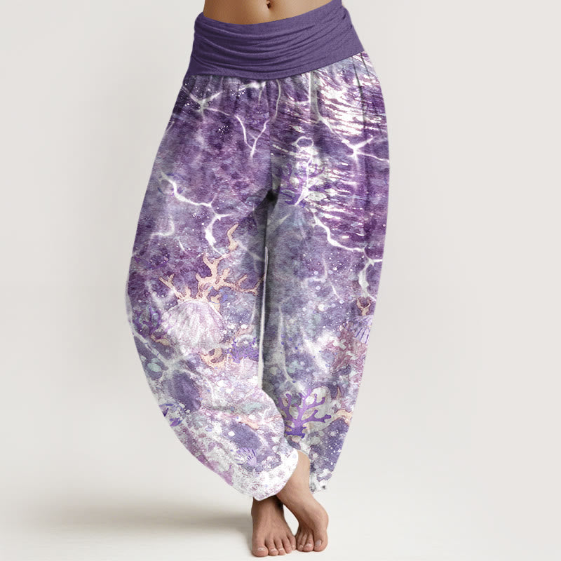 Nimara Ritual Cotton Lively Ocean Seashells Coral Pattern Women's Elastic Waist Harem Pants