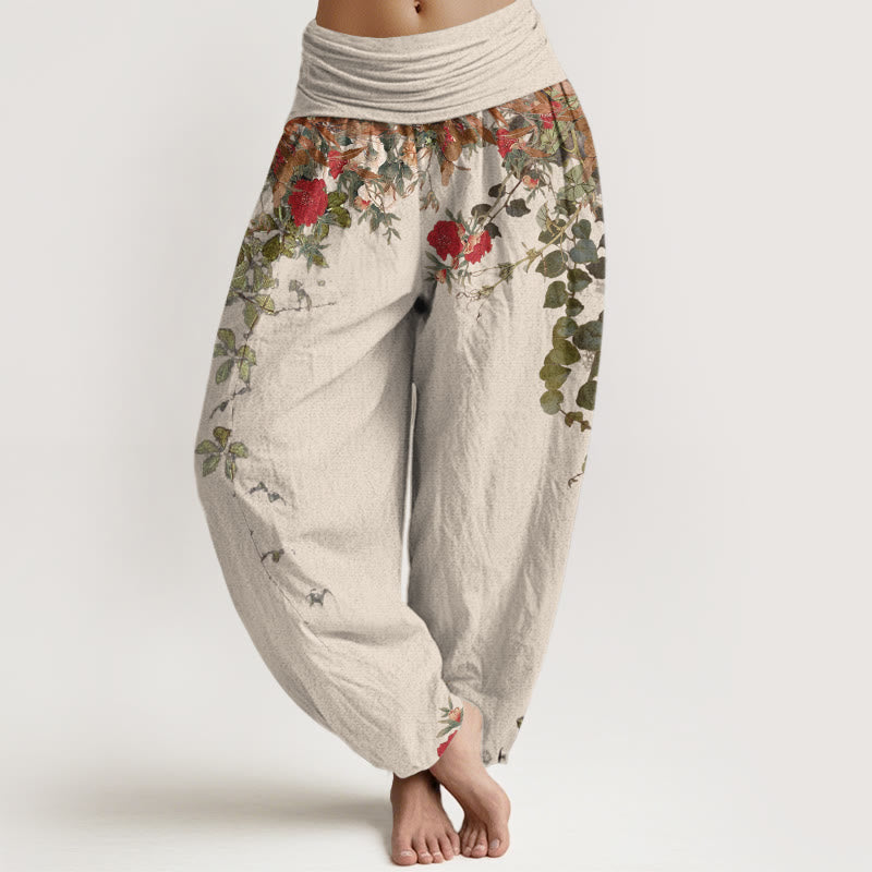 Nimara Ritual Pure Cotton Colourful Flower Leaves Patterns Women's Elastic Waist Harem Pants