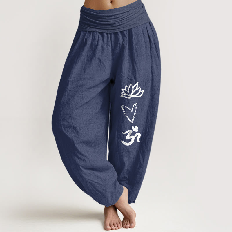 Nimara Ritual Pure Cotton Lotus Heart Shape Om Symbol Pattern Women's Elastic Waist Harem Pants