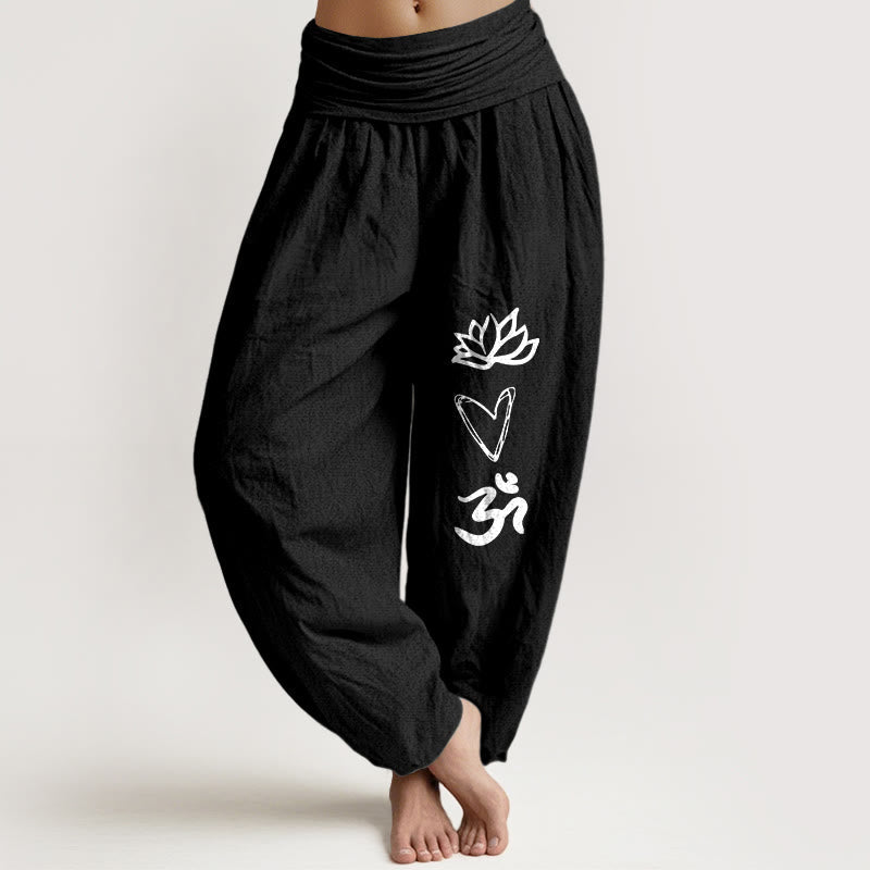 Nimara Ritual Pure Cotton Lotus Heart Shape Om Symbol Pattern Women's Elastic Waist Harem Pants
